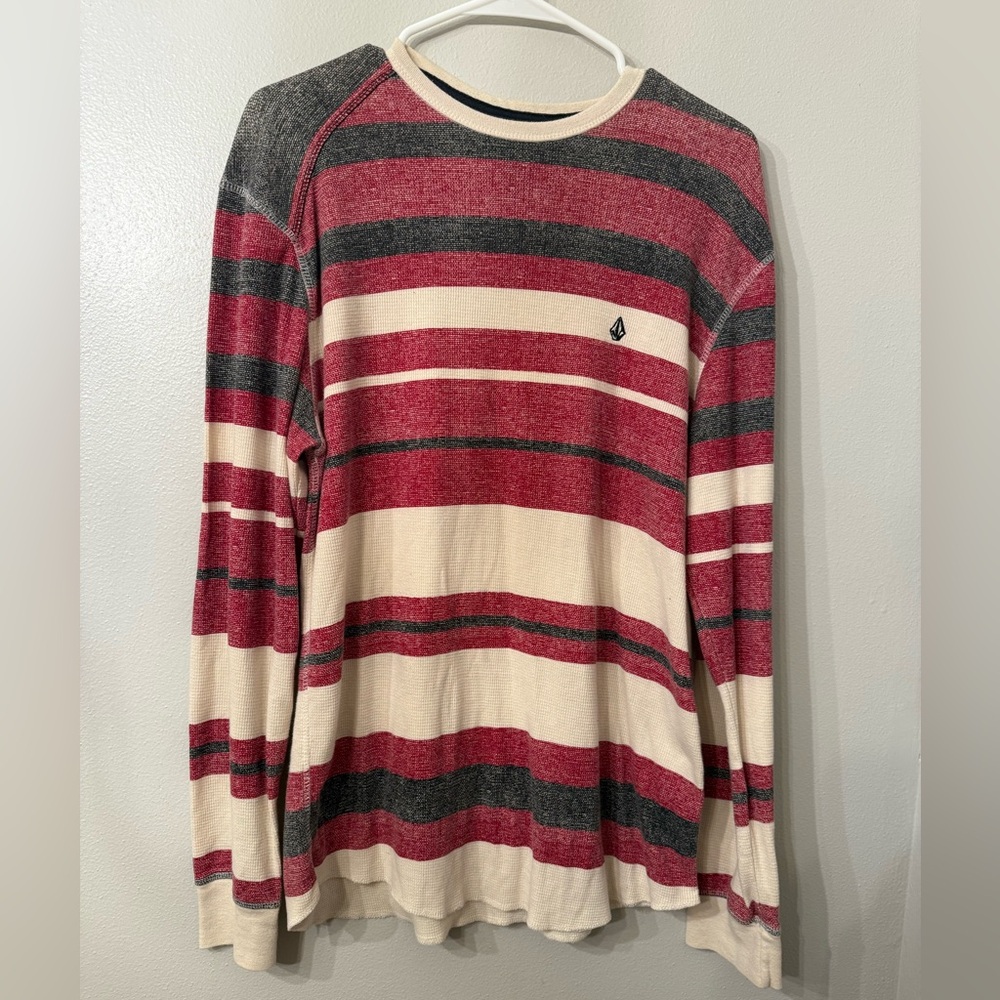 Volcom Red and Cream Striped Waffle Long Sleeve Shirt